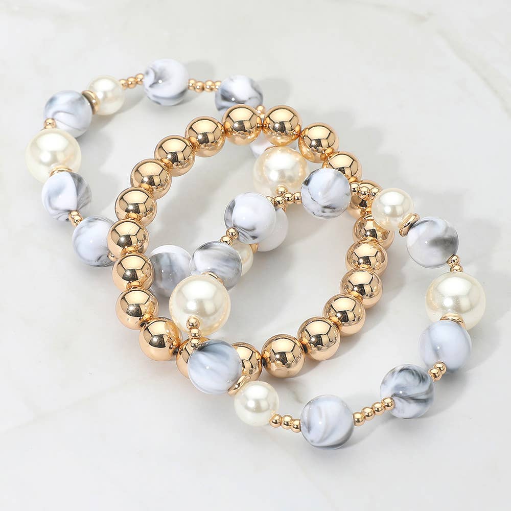 3PCS - Round Pearl Mixed Beaded Stretch Multi Layered Bracelets