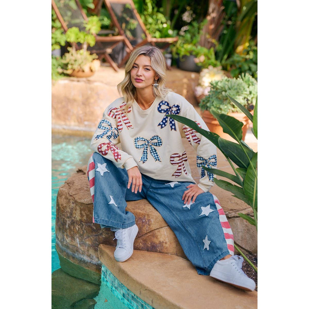 VINTAGE WASHED AMERICAN FLAG STAR CHAMBRAY PANTS