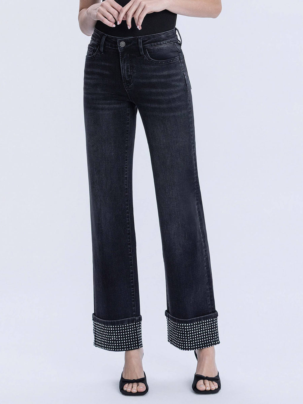 MID RISE RHINESTONE CUFFED BLACK SLIM WIDE JEANS