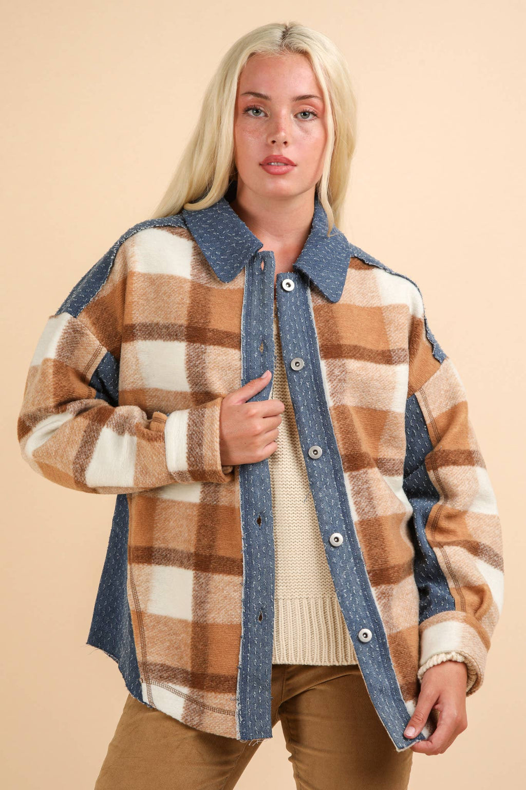 PLUS SIZE Denim Contrast Plaid Shacket Jacket