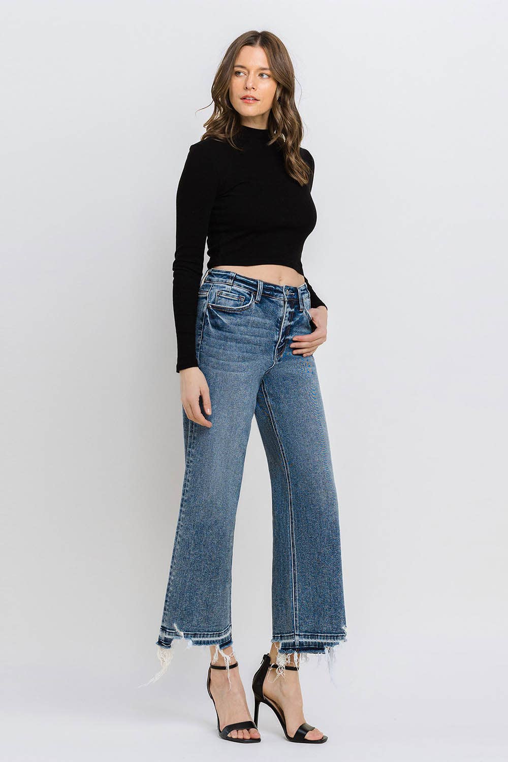 SUPER HIGH RISE UNEVEN RAW HEM CROP WIDE JEANS F5426