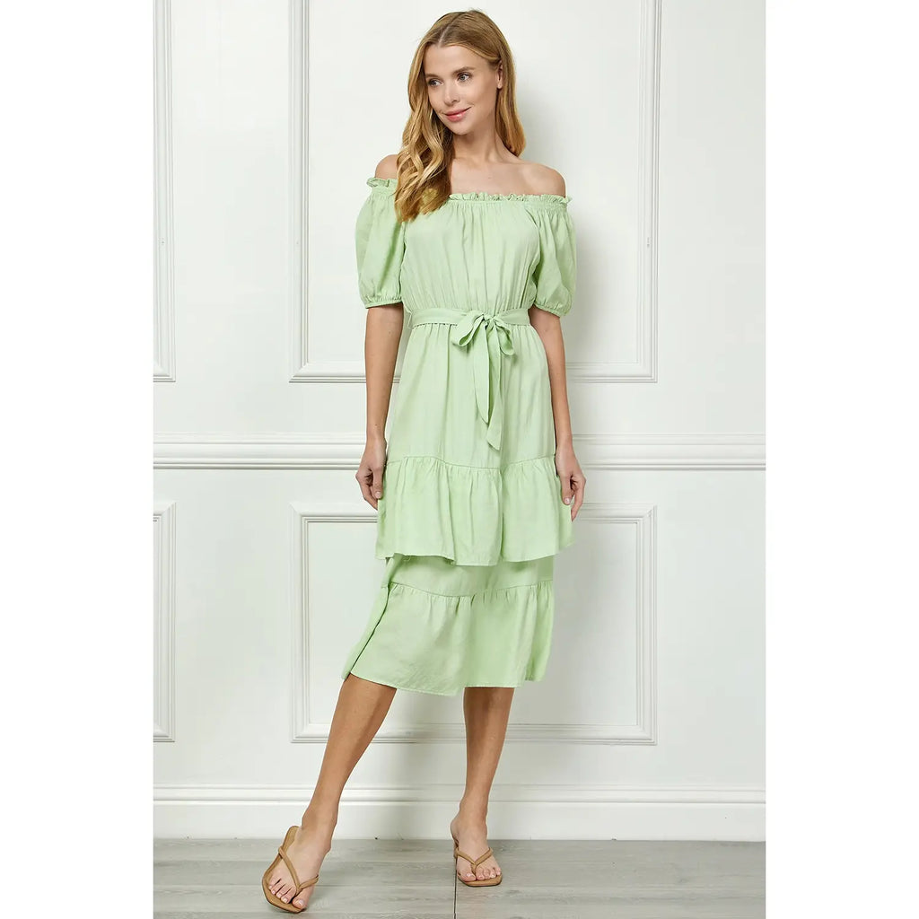 LINEN DOUBLE TIER PUFF SLEEV DRESS