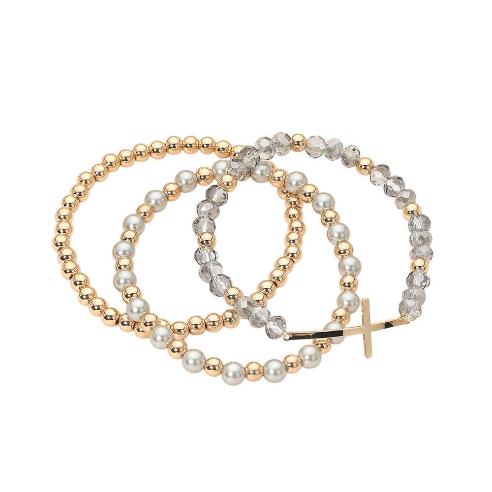 3PCS - Cross Charm Pearl Metal Ball Faceted Beaded Stretch Multi Layered Bracelets