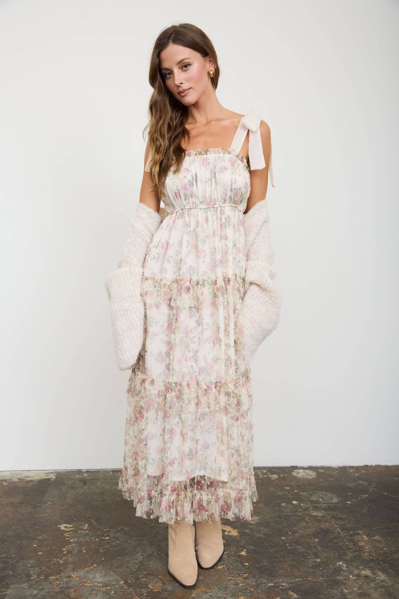 FLORAL CHIFFON TIE STRAP RUFFLED TIERED MIDI DRESS