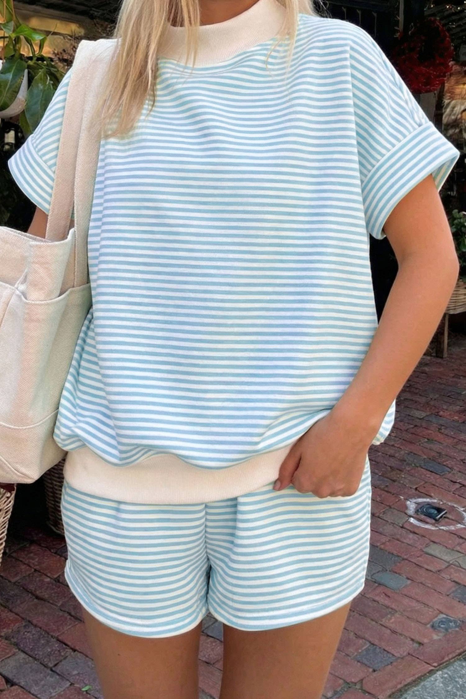 Mock Neck Tee Casual 2pcs Short Sets