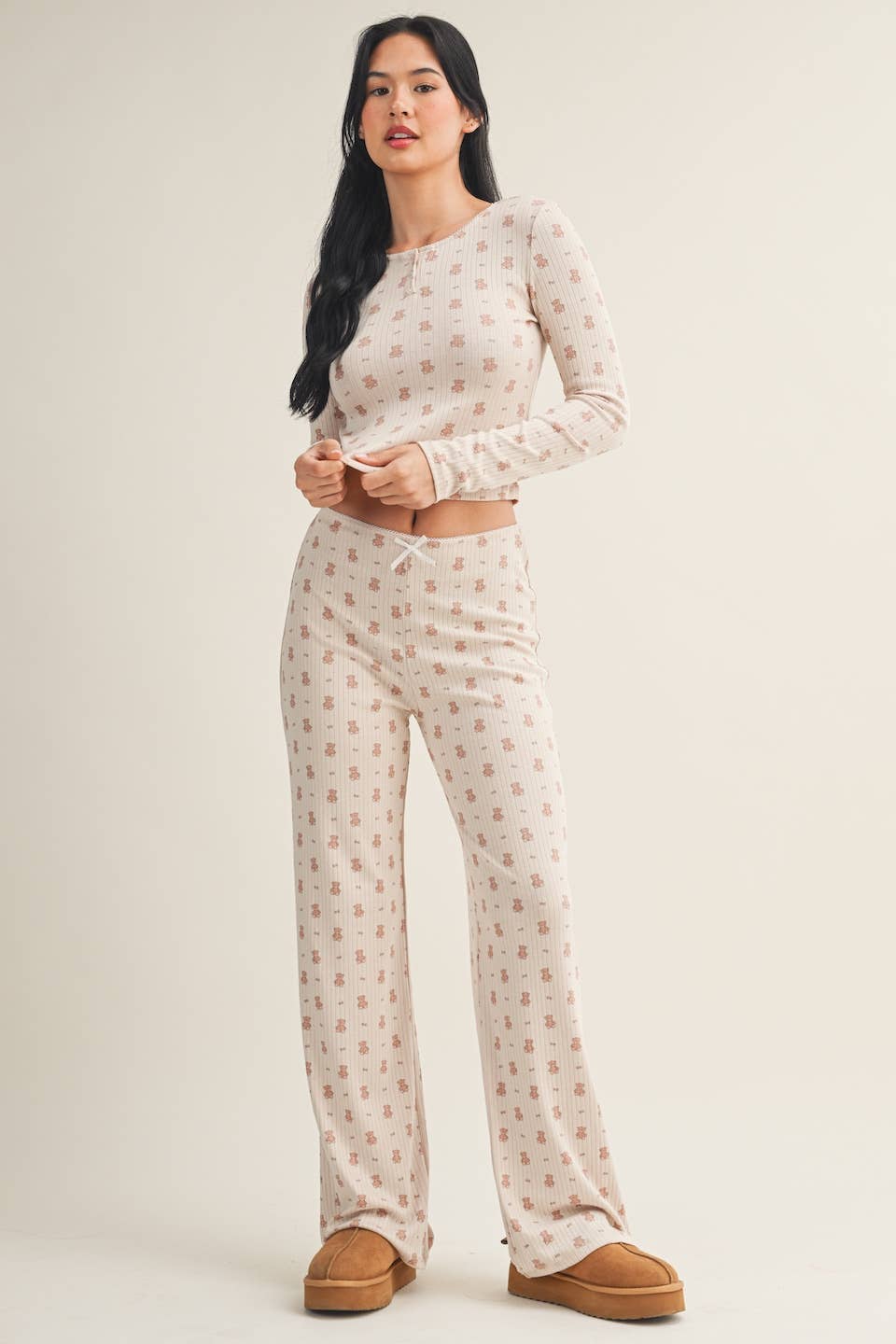 Crewneck Teddy Bear Print Pointelle Lounge Set