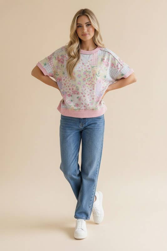 Plus Floral Patchwork Top With Triangle Detail