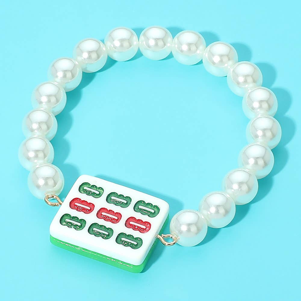 Mahjong Tile Accent Pearl Beaded Stretch Bracelet