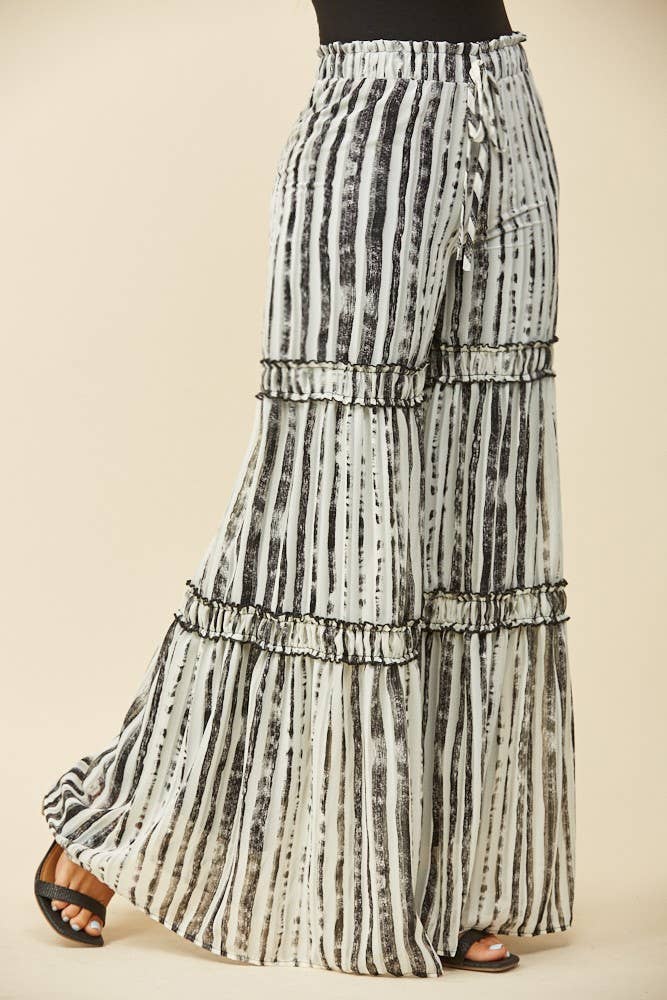 CHIFFON STRIPE PRINT TIERED PALAZZO PANTS