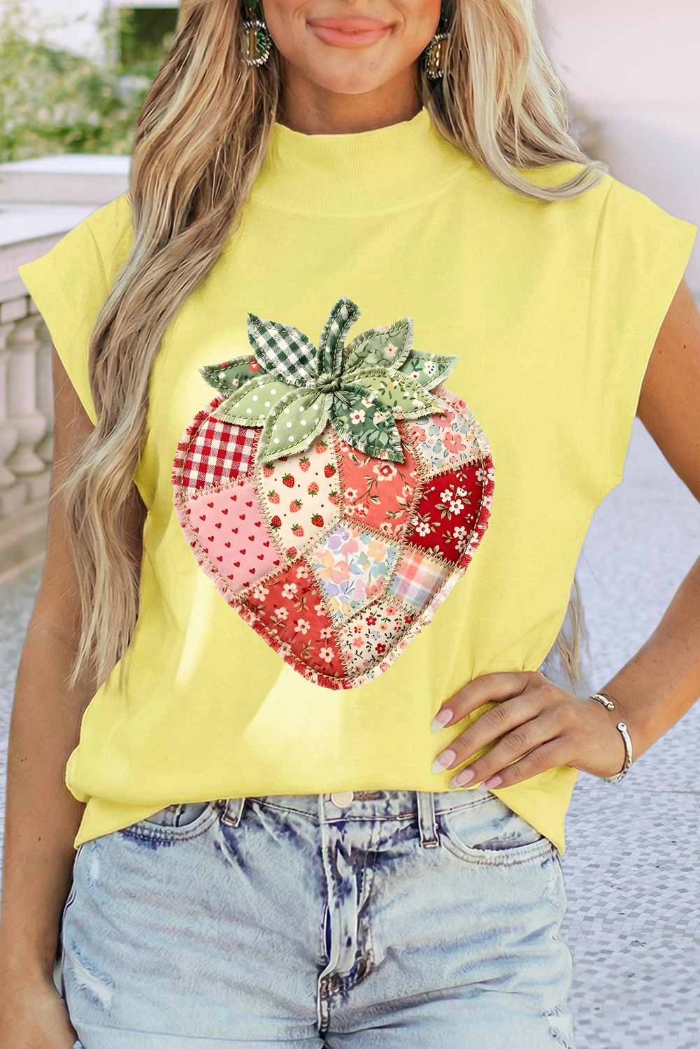 LDC Faux Patchwork Strawberry Printed Mock Neck Tee