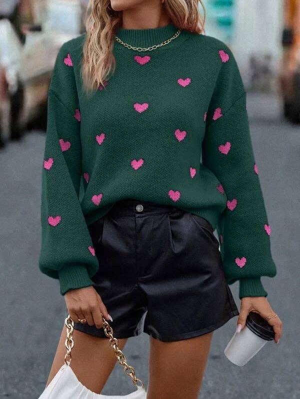Valentine Heart Print Loose Knit Pullover Sweater