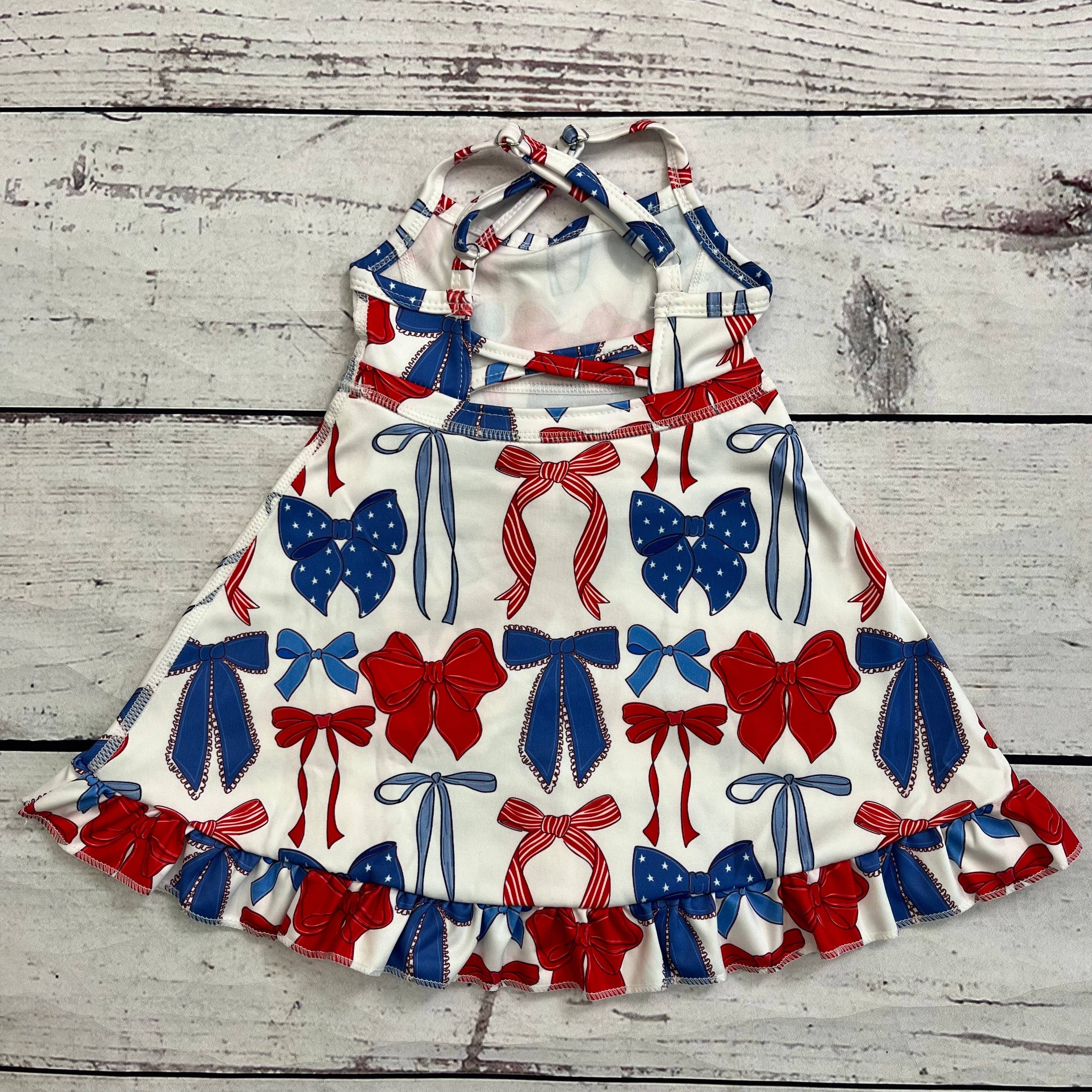 Girls Bows Printed Patriotic Athletic Dress With Ruffle