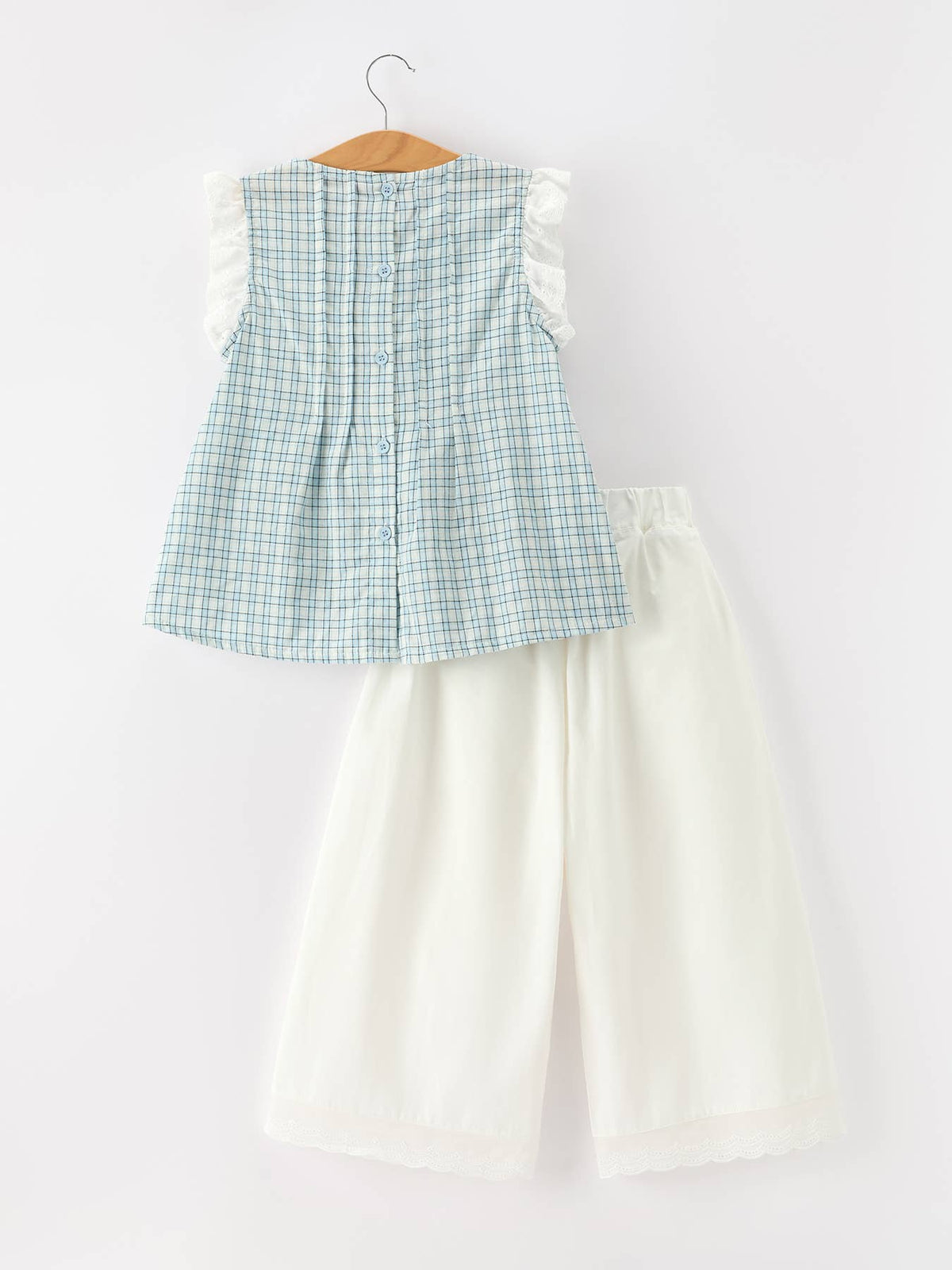 Girls Plaid Ruffle Sleeve Top & Wide Leg Pants Set