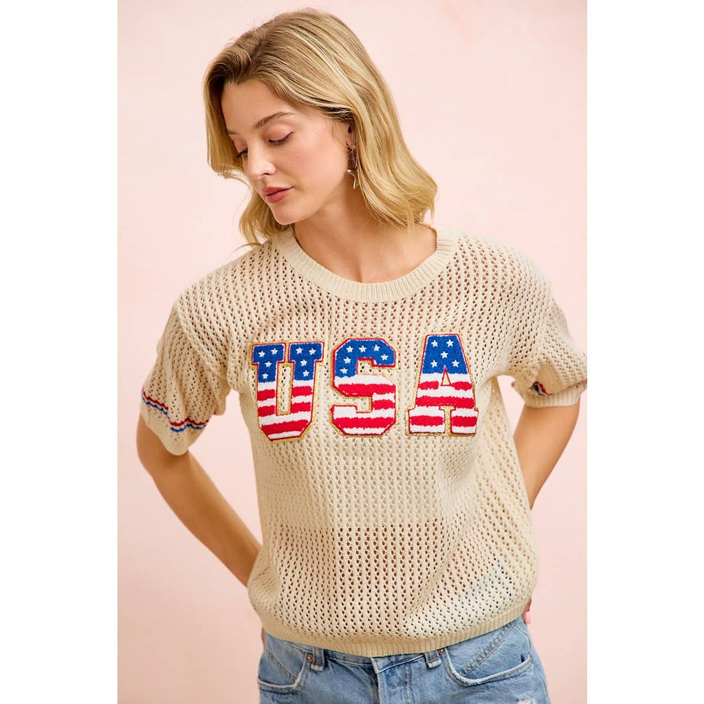 4TH OF JULY USA LETTERING PATHCH OPEN KNIT TOP
