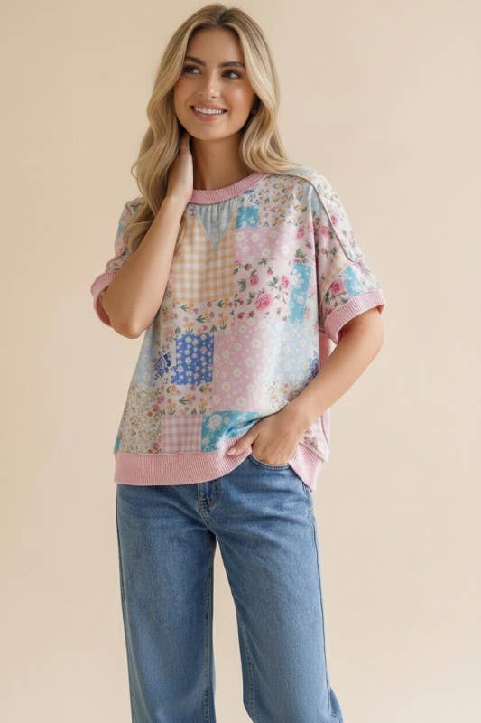 Plus Floral Patchwork Top With Triangle Detail