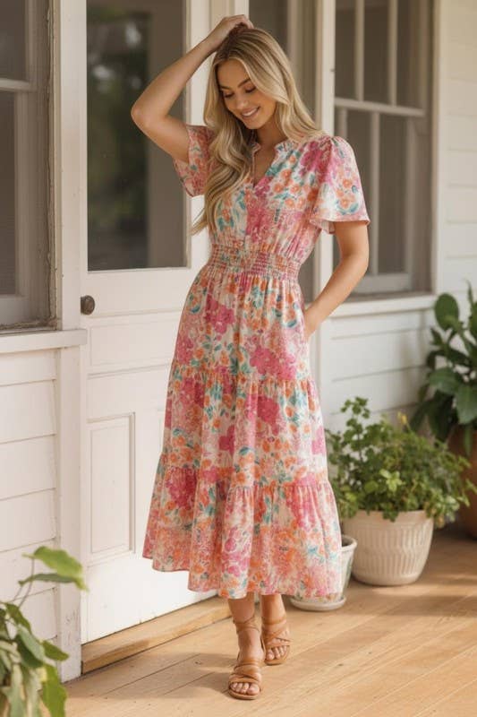 Notch Neck Smocked Waist Maxi Floral Dress