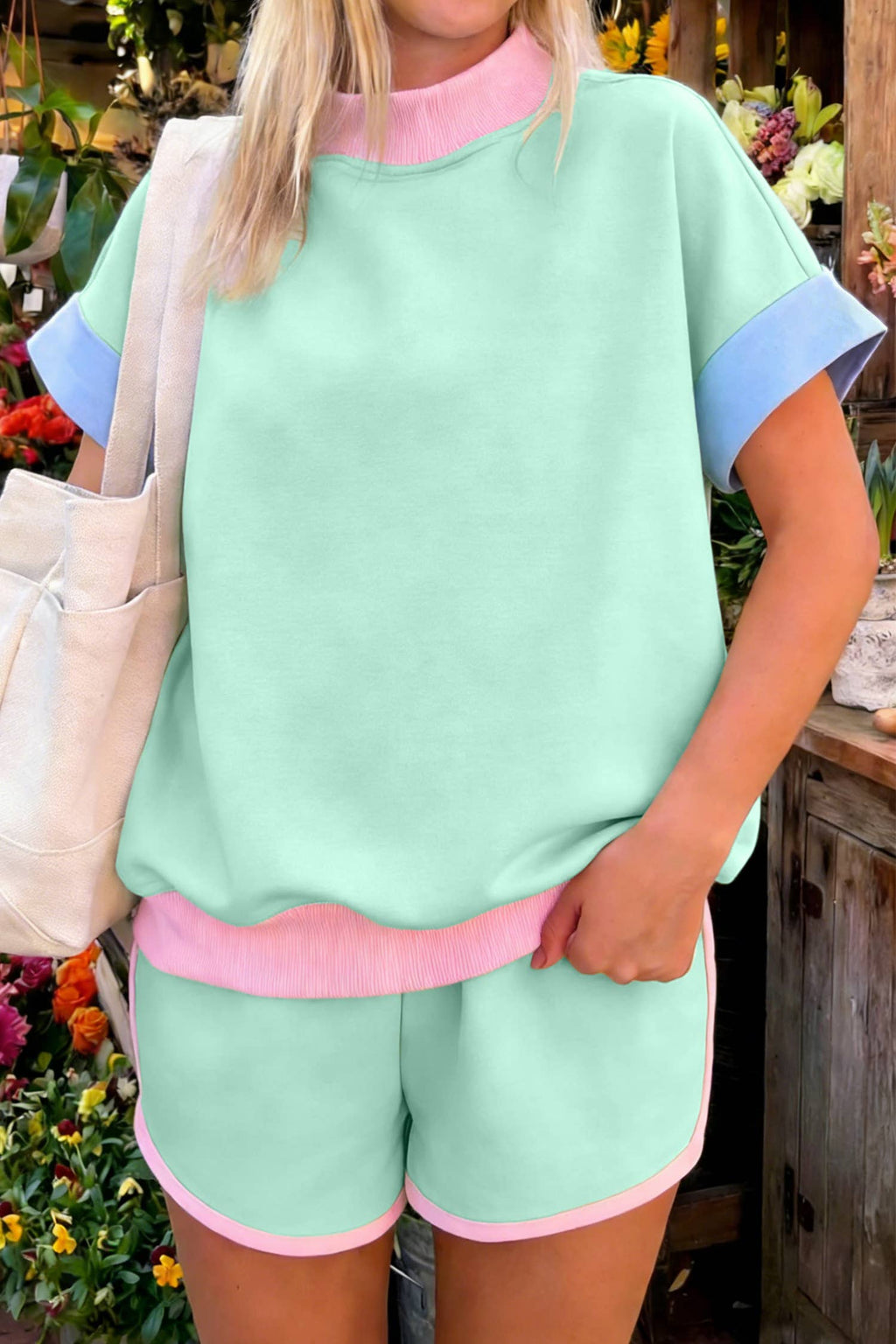 Mock Neck Tee Casual 2pcs Short Sets
