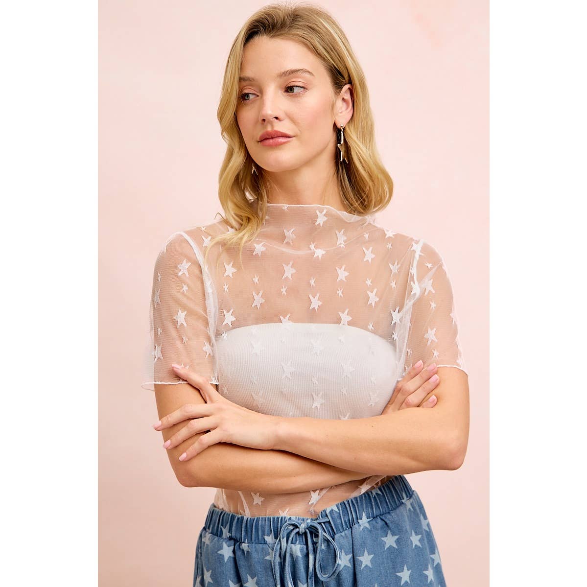 HIGH NECK LINE SHORT SLEEVES STAR MESH TOP