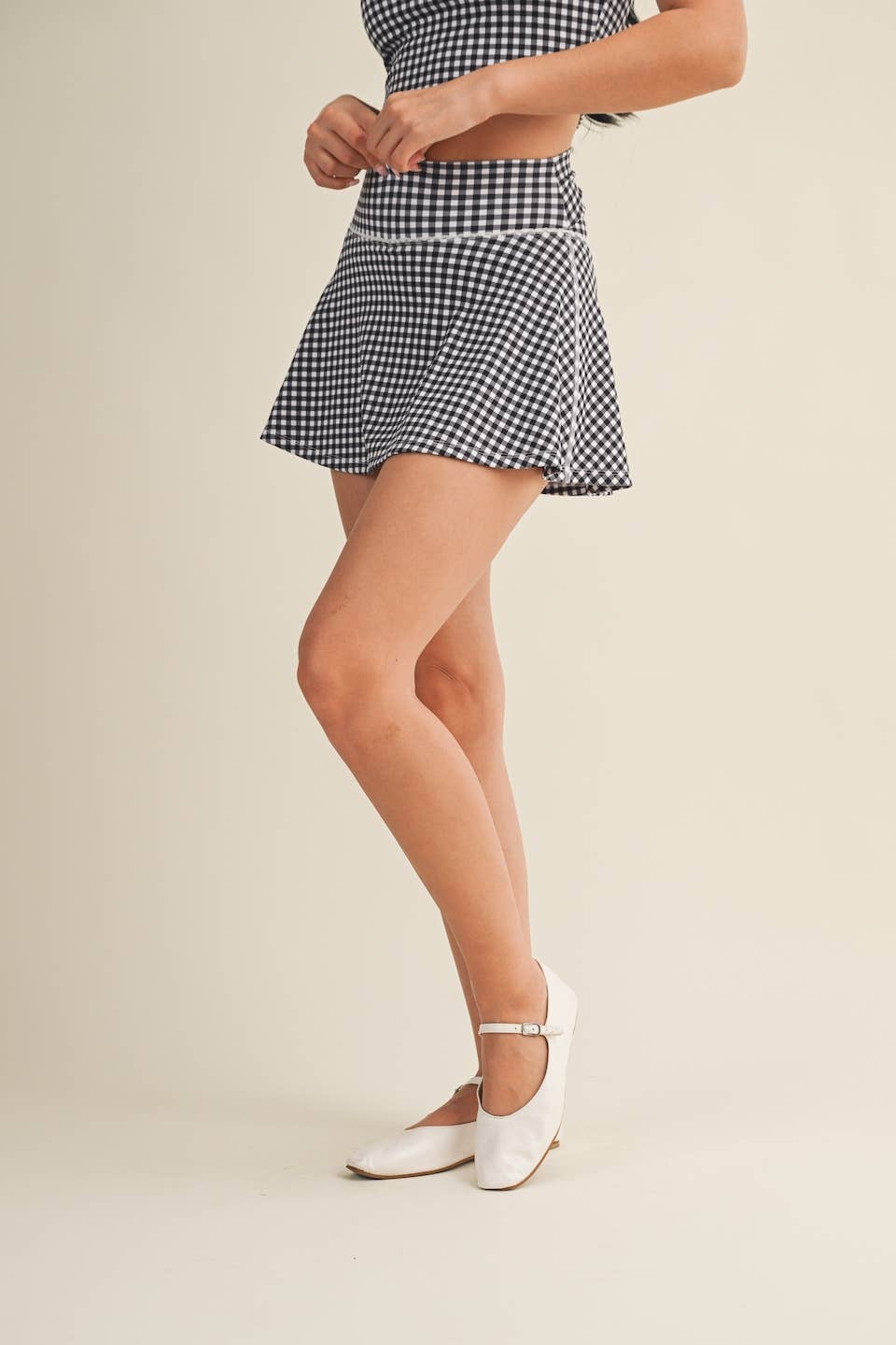 Gingham Print Mini Circle Skort with Bow Back and Lace Trim