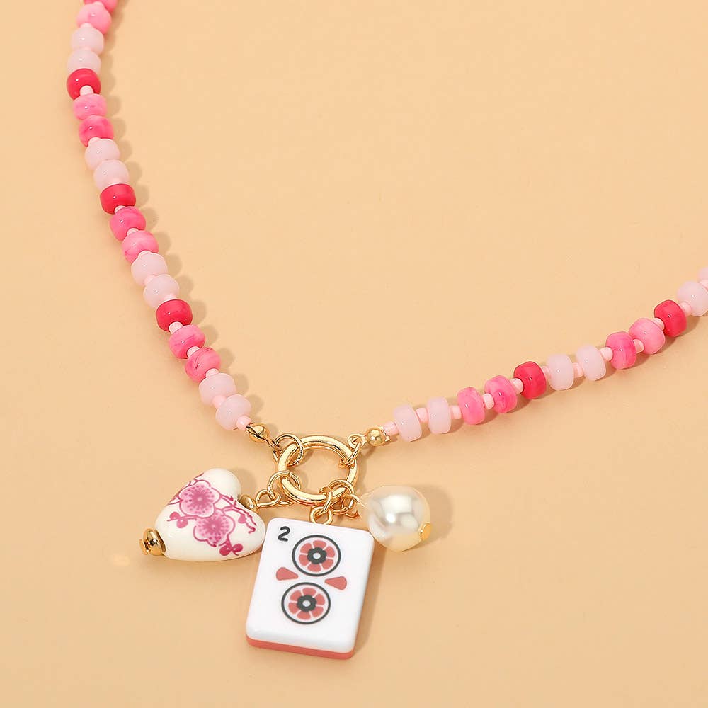 Mahjong Tile Charm Pearl Floral Bead Ball Charm Pendant Beaded Necklace