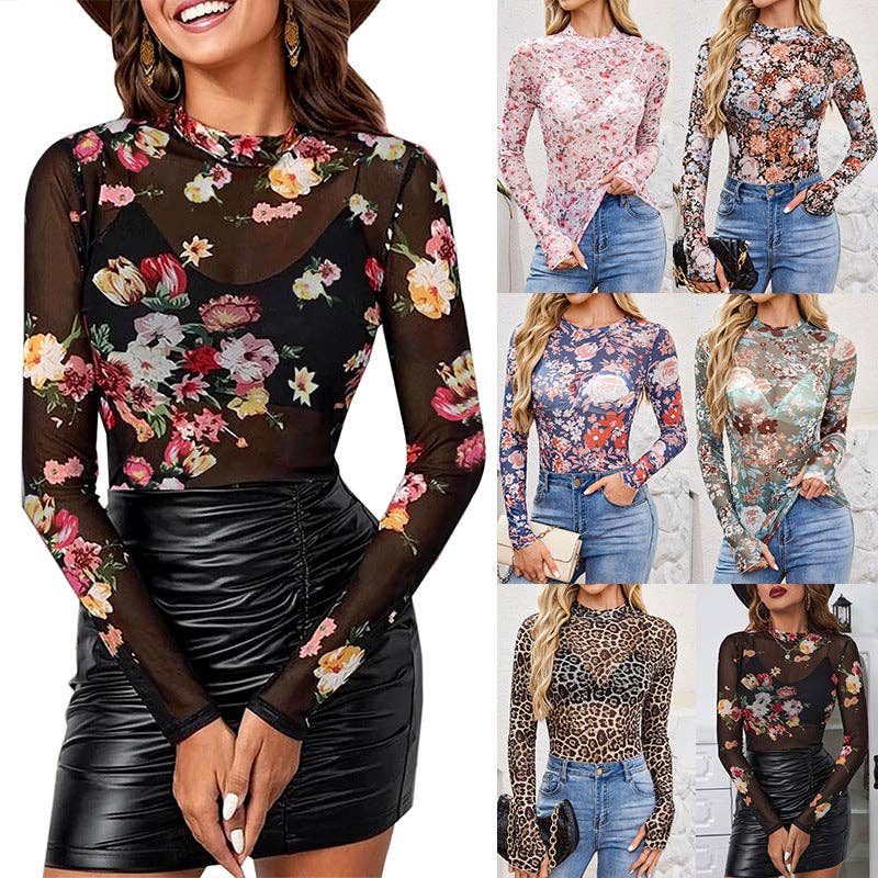 High Neck Long Sleeve Floral Lace Mesh Pullover T Shirt