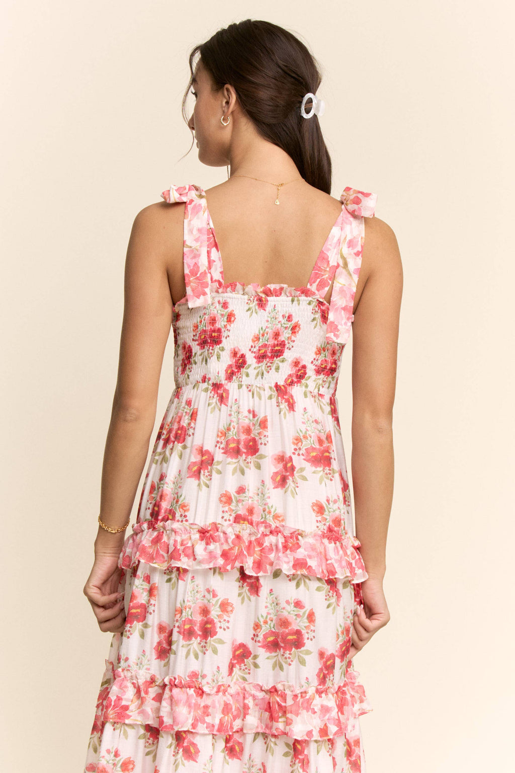 GARDEN FLORAL RUFFLE SMOCK SHOULDER MIDI DRESS