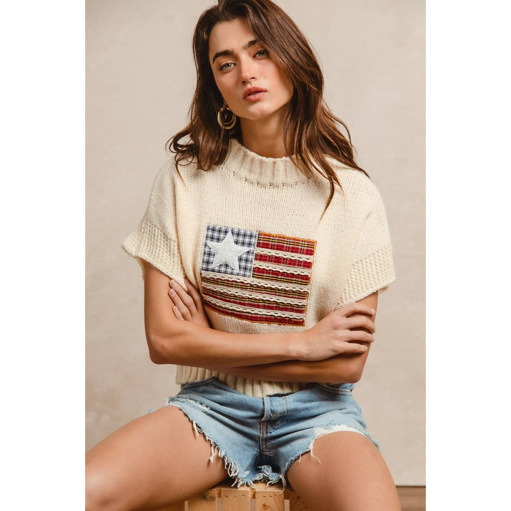AMERICAN FLAG PATCHWORK DROP SHOULDER SWEATER