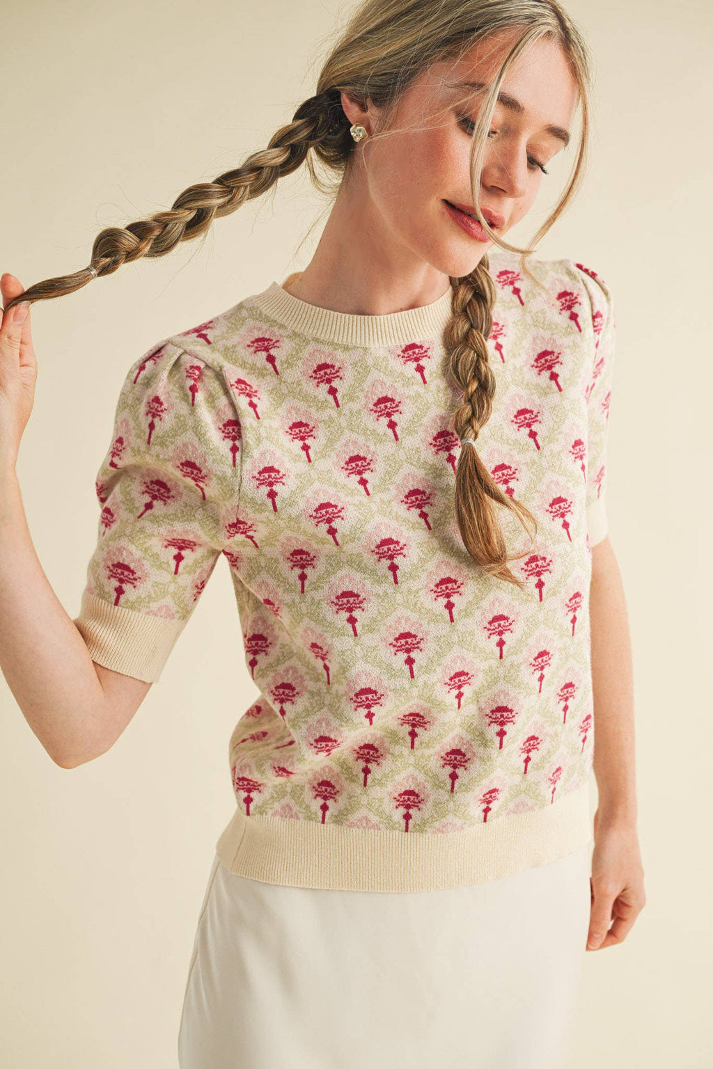 FLORAL PATTERN SHORT SLEEVE SWEATER