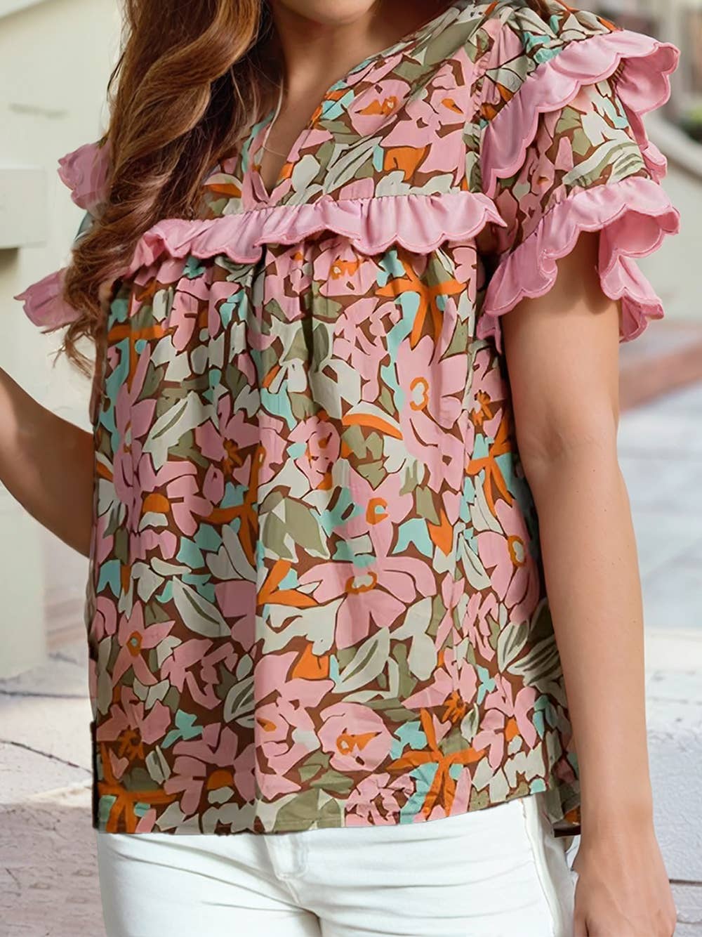 Floral Tiered Ruffled Short Sleeve Blouse