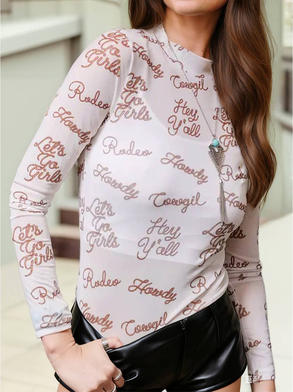 Howdy Hey Yall Mesh High Neck Long Sleeve Top
