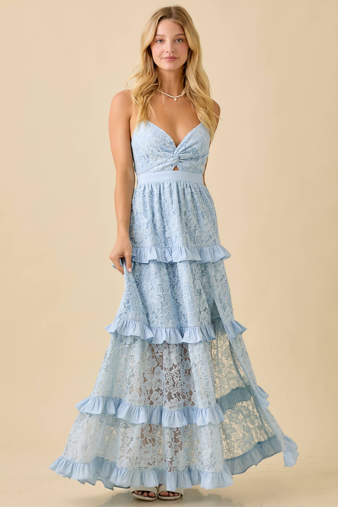 Lace Maxi Dress With Ruffle Tier And Thigh Slit