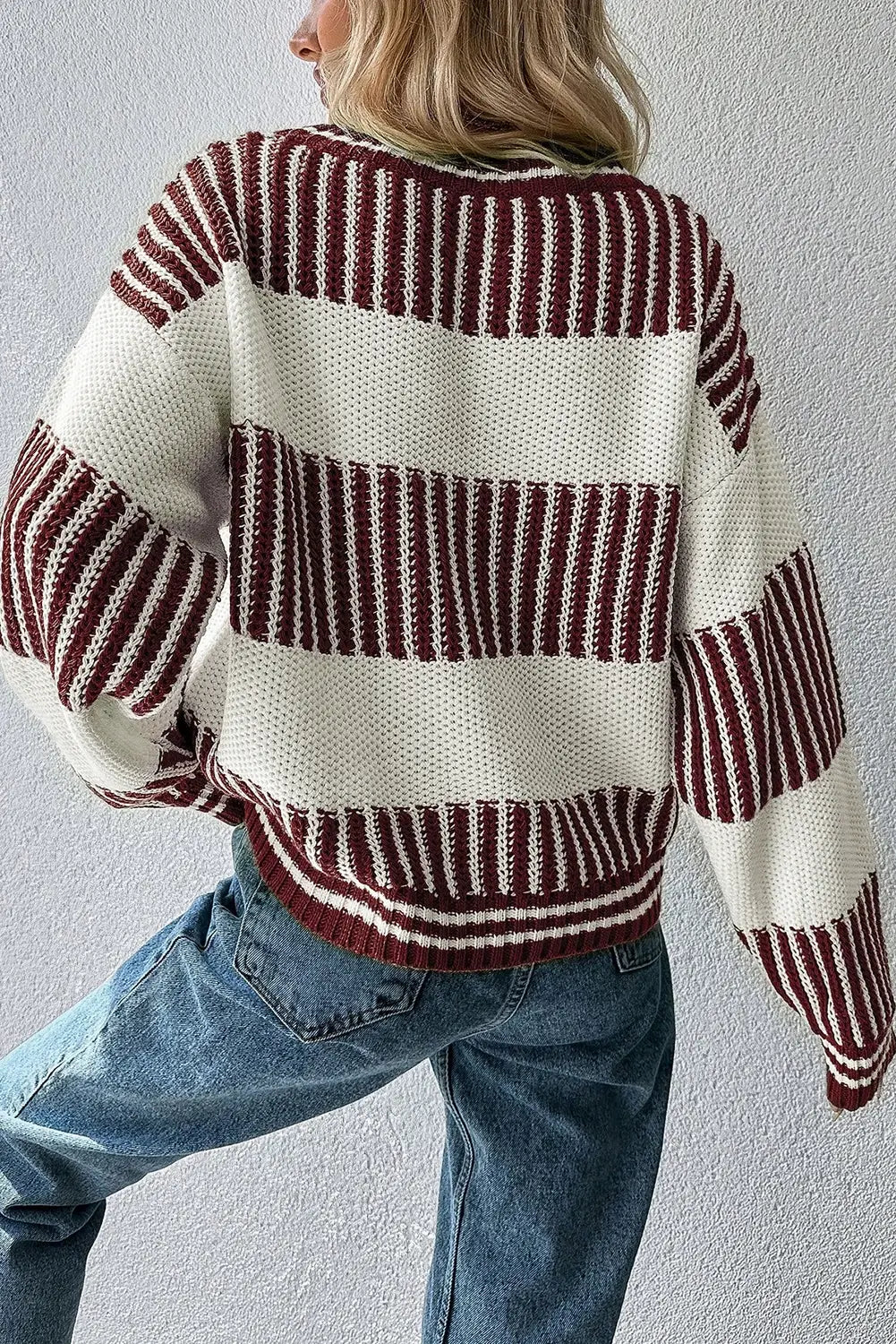 Two Tone Striped Patchwork Drop Shoulder Loose Sweater