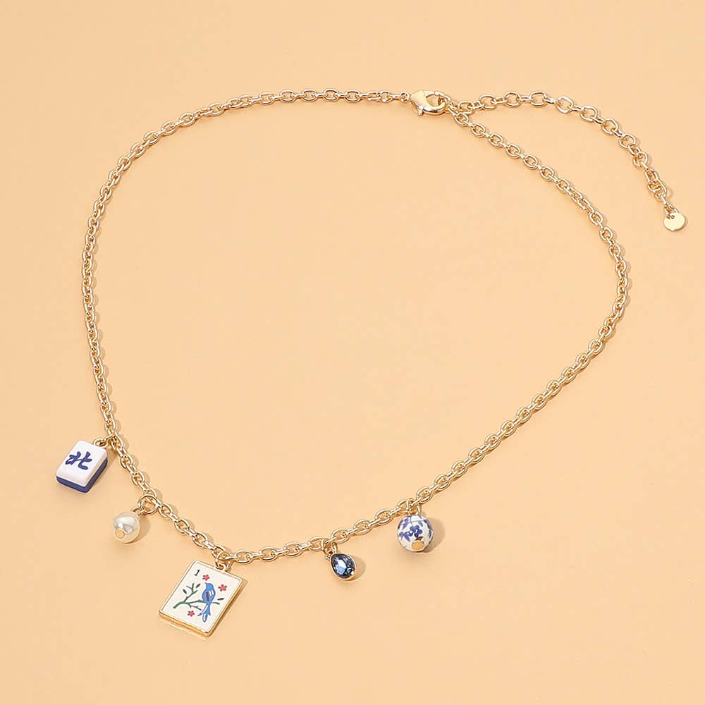 Mahjong Tile Pearl Stone Charm Necklace