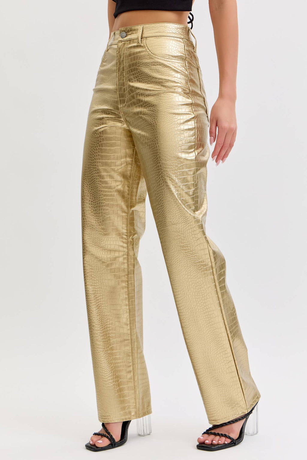 Gold Faux Leather Dad Pant [AM19510RS-GD]