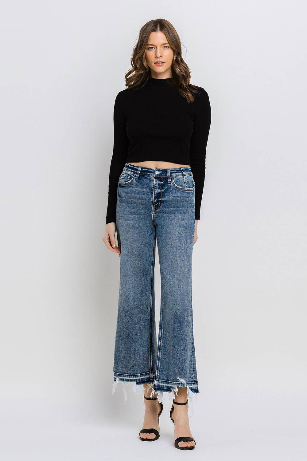 SUPER HIGH RISE UNEVEN RAW HEM CROP WIDE JEANS F5426