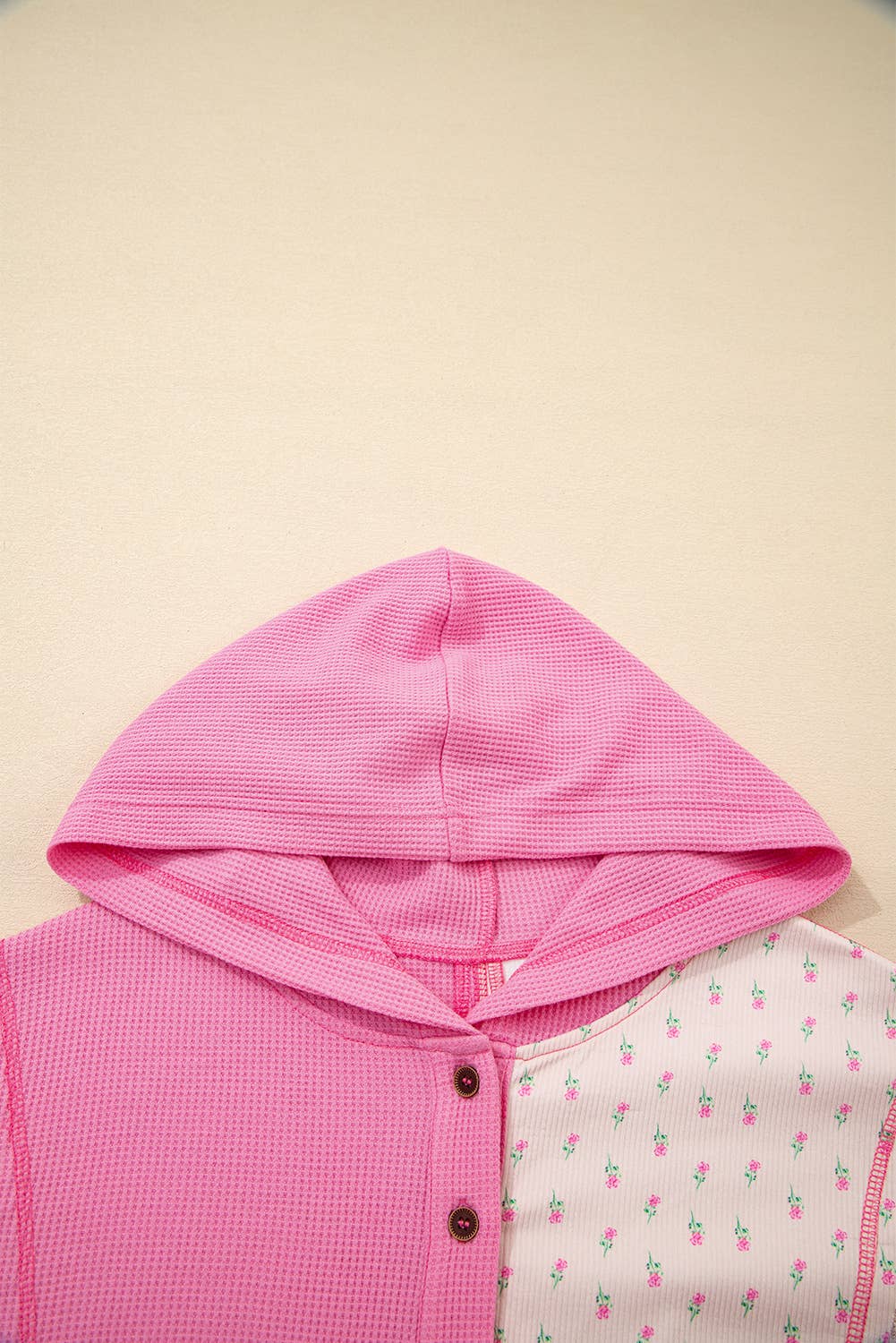 Pink Texture Floral Patched Hooded Oversize Pullover