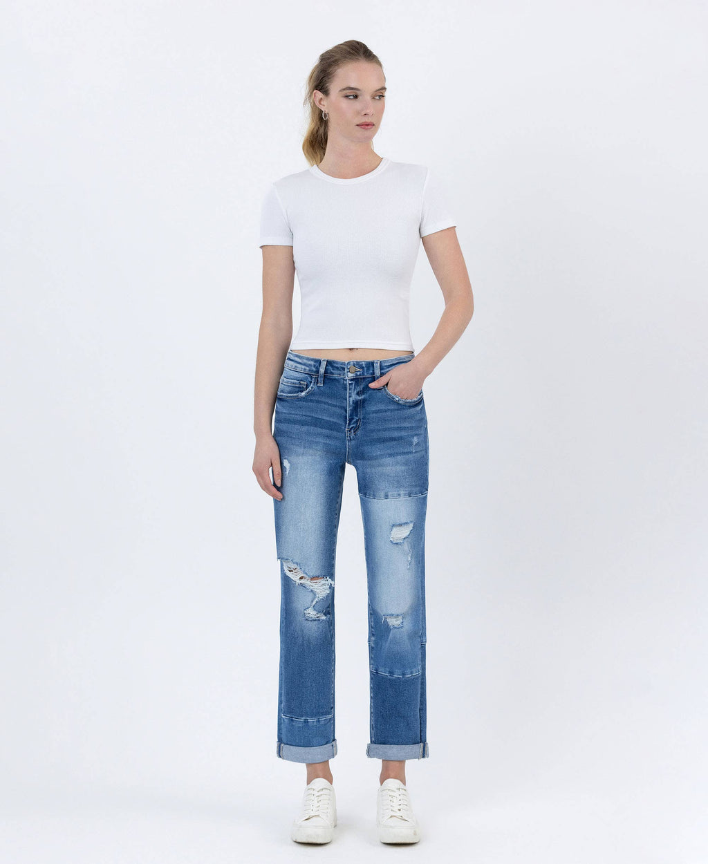 HIGH RISE COLOR BLOCK CUFFED BOYFRIEND JEANS - FLYING MONKEY