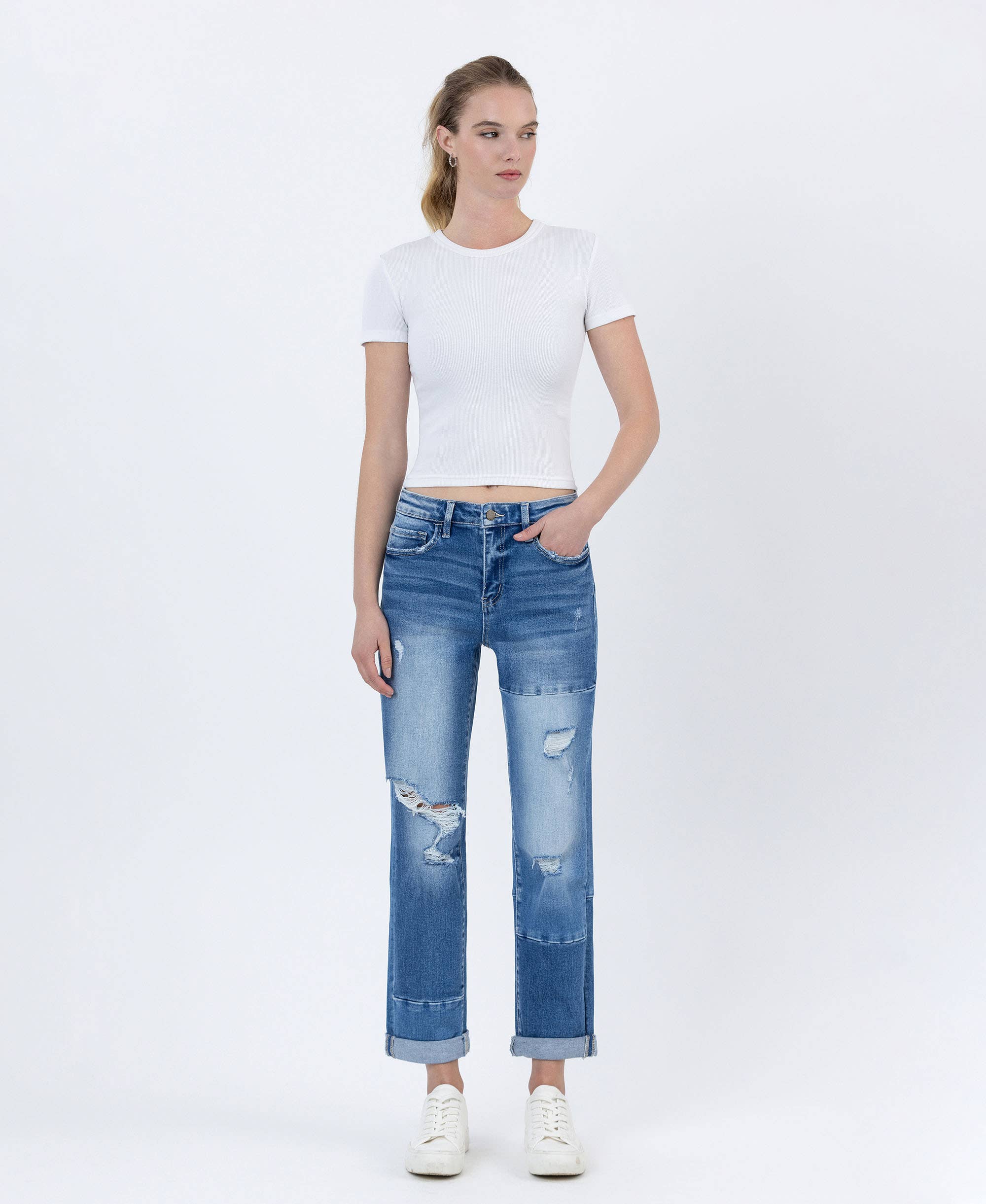 HIGH RISE COLOR BLOCK CUFFED BOYFRIEND JEANS - FLYING MONKEY