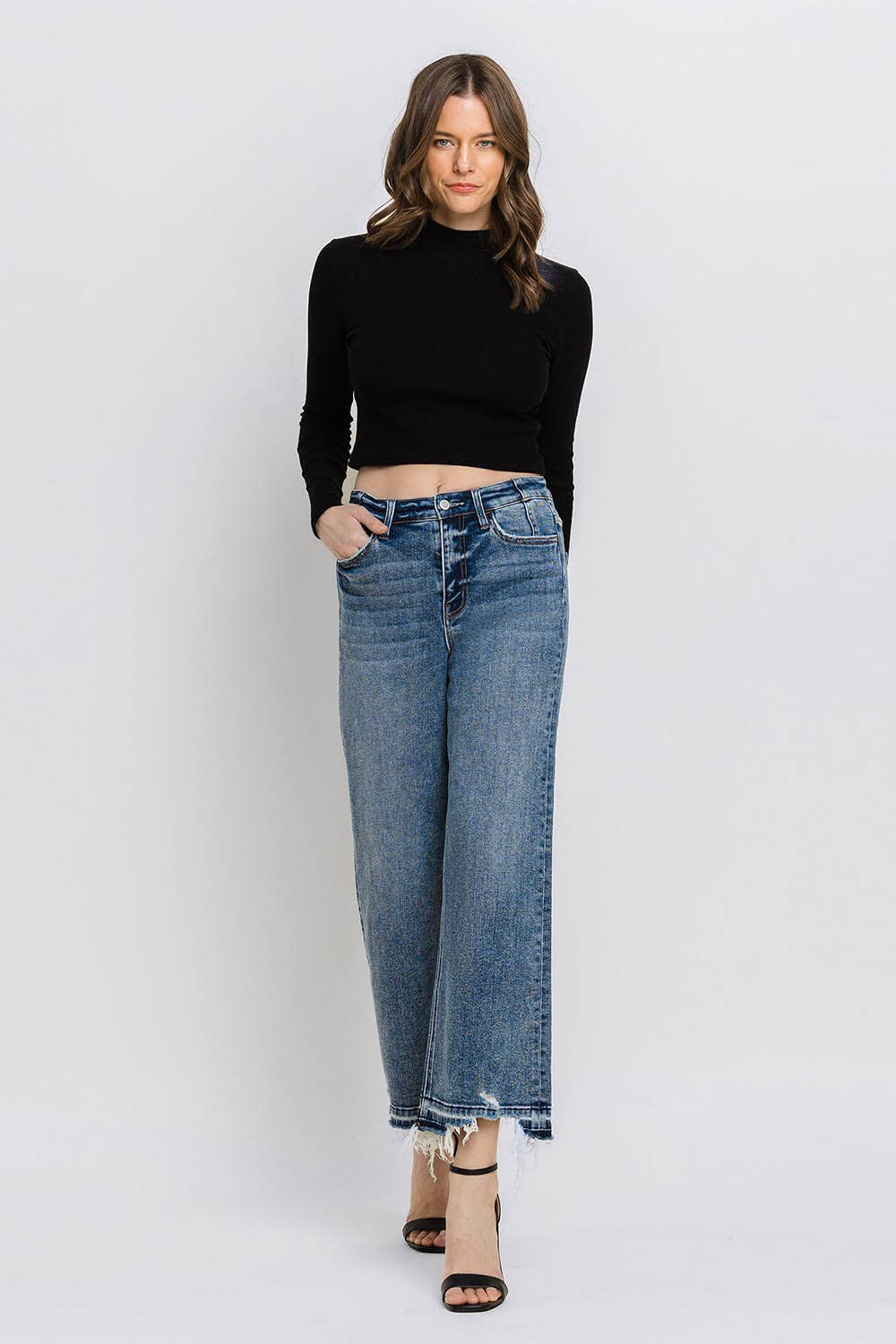 SUPER HIGH RISE UNEVEN RAW HEM CROP WIDE JEANS F5426