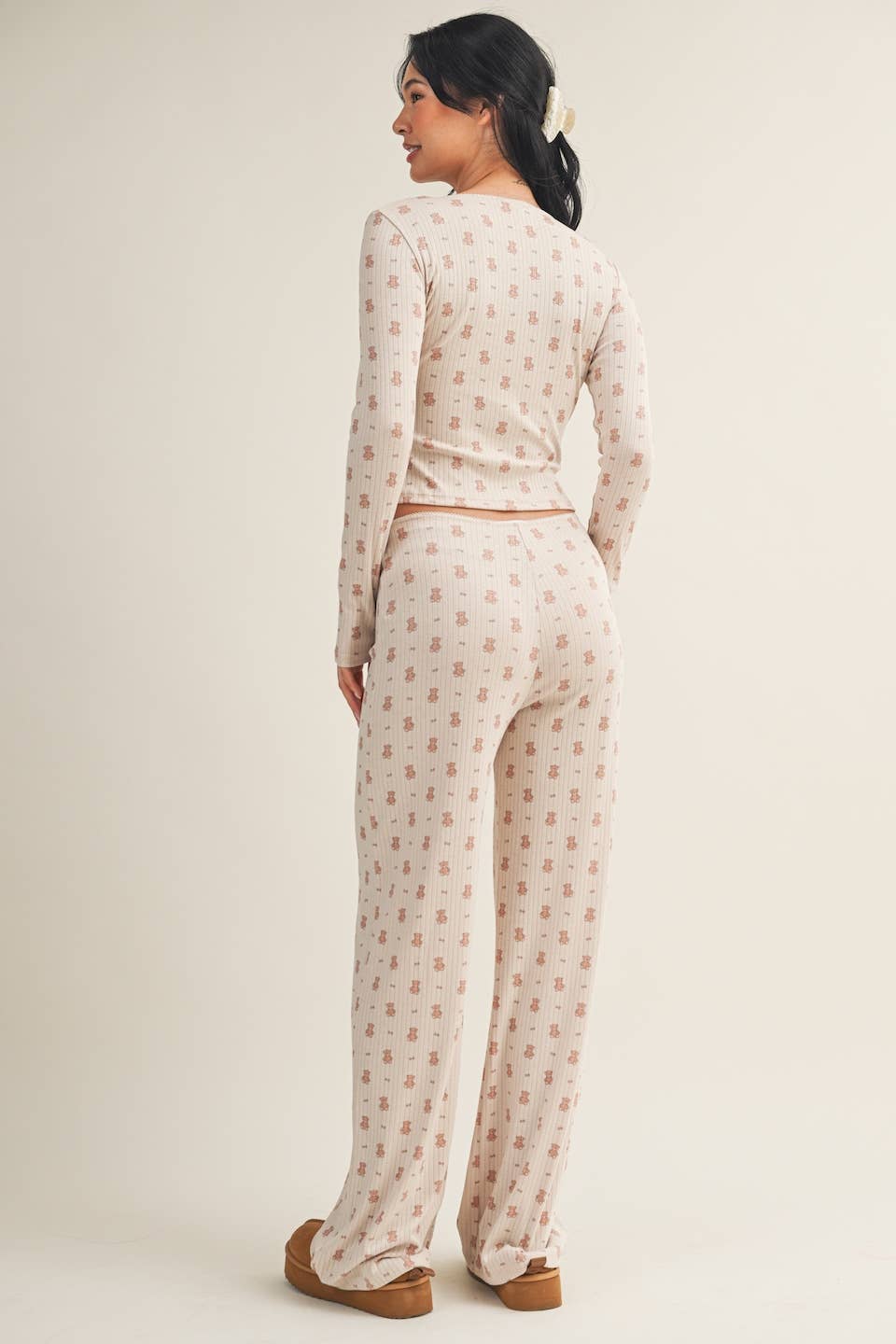 Crewneck Teddy Bear Print Pointelle Lounge Set