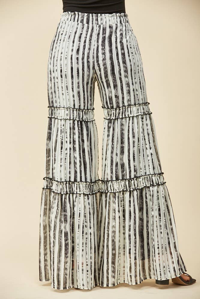 CHIFFON STRIPE PRINT TIERED PALAZZO PANTS