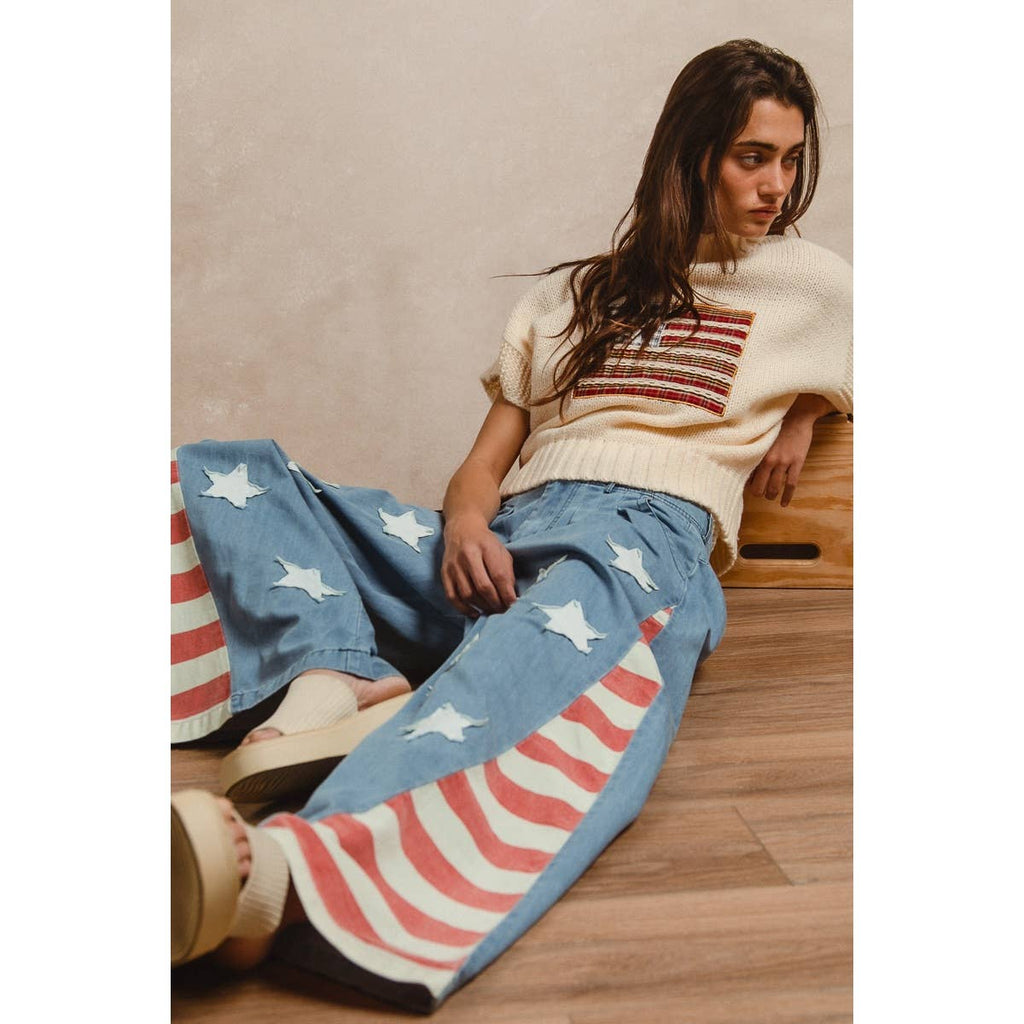 VINTAGE WASHED AMERICAN FLAG STAR CHAMBRAY PANTS