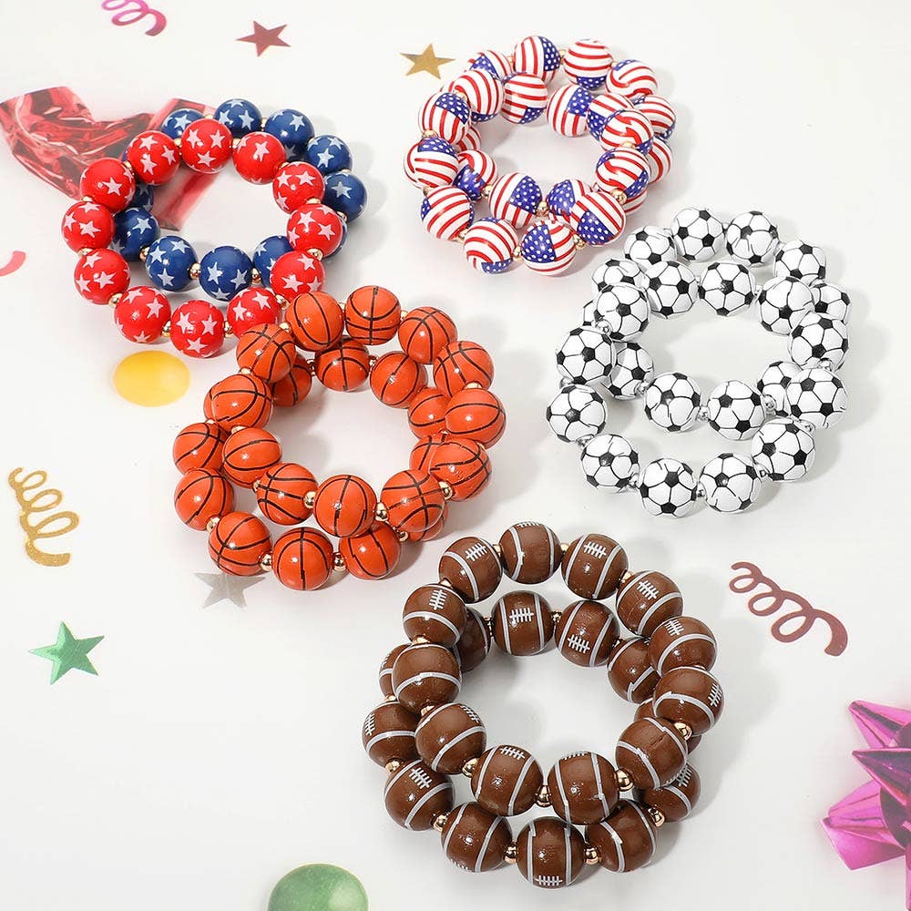 2PCS - Football Printed Beaded Stretch Bracelet