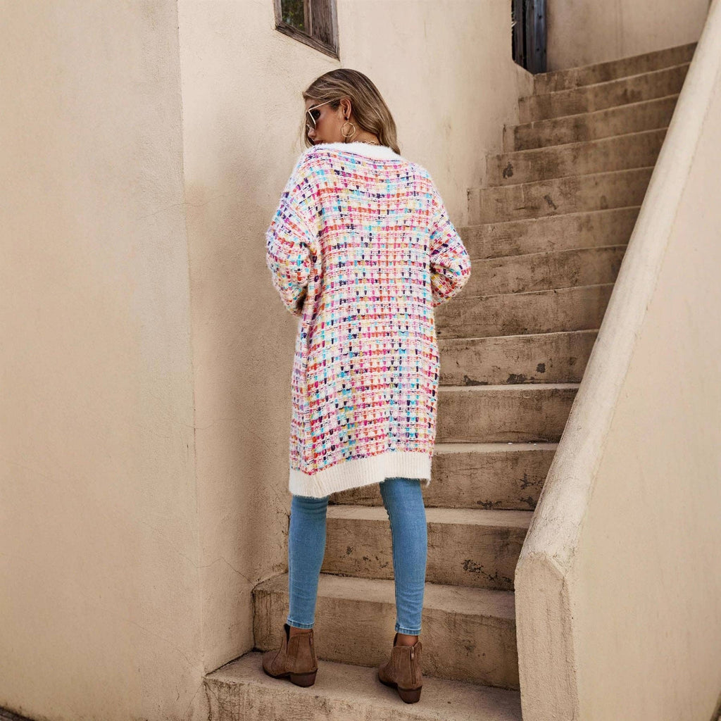 Apricot Color Block V Neck Midi Length Knit Cardigan