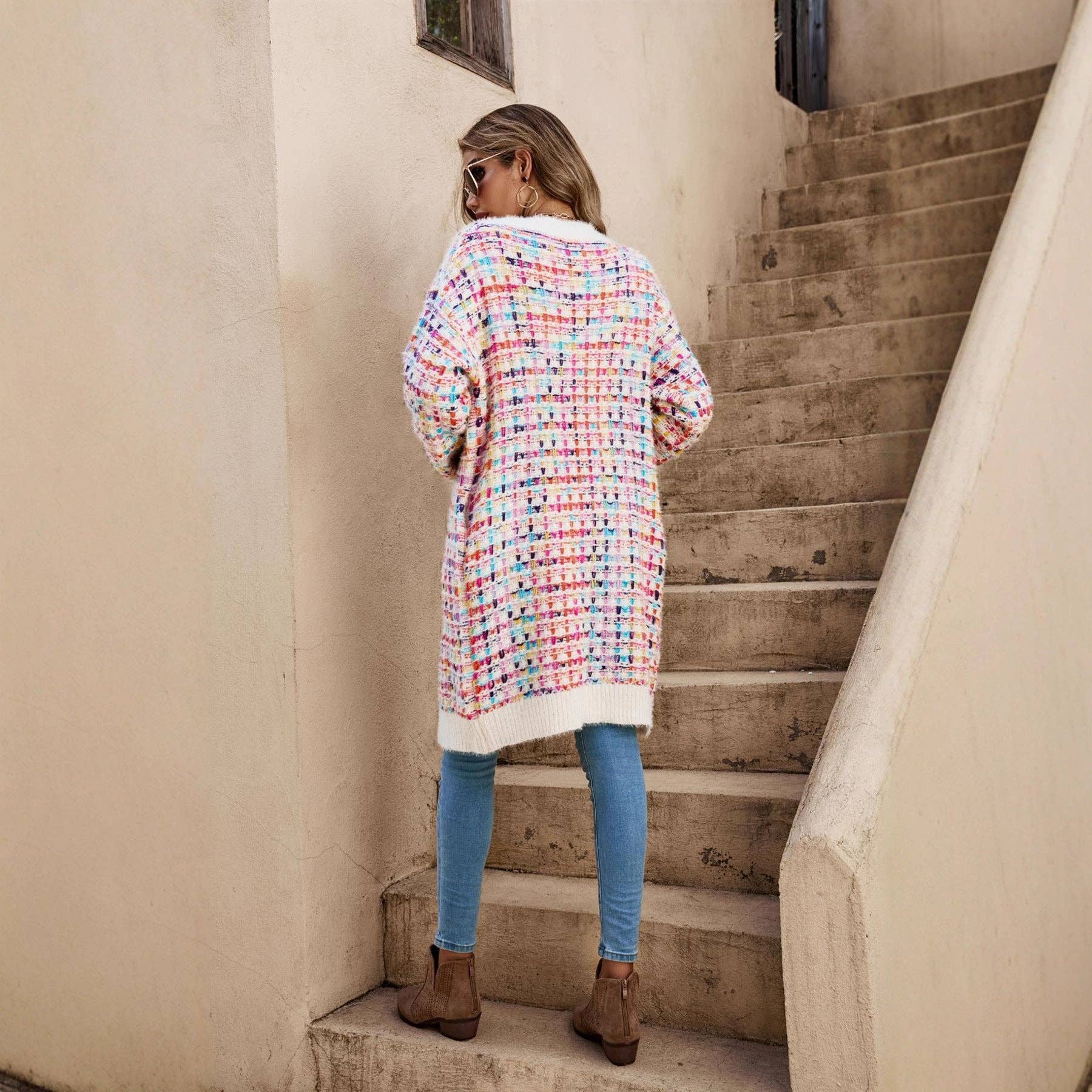 Apricot Color Block V Neck Midi Length Knit Cardigan