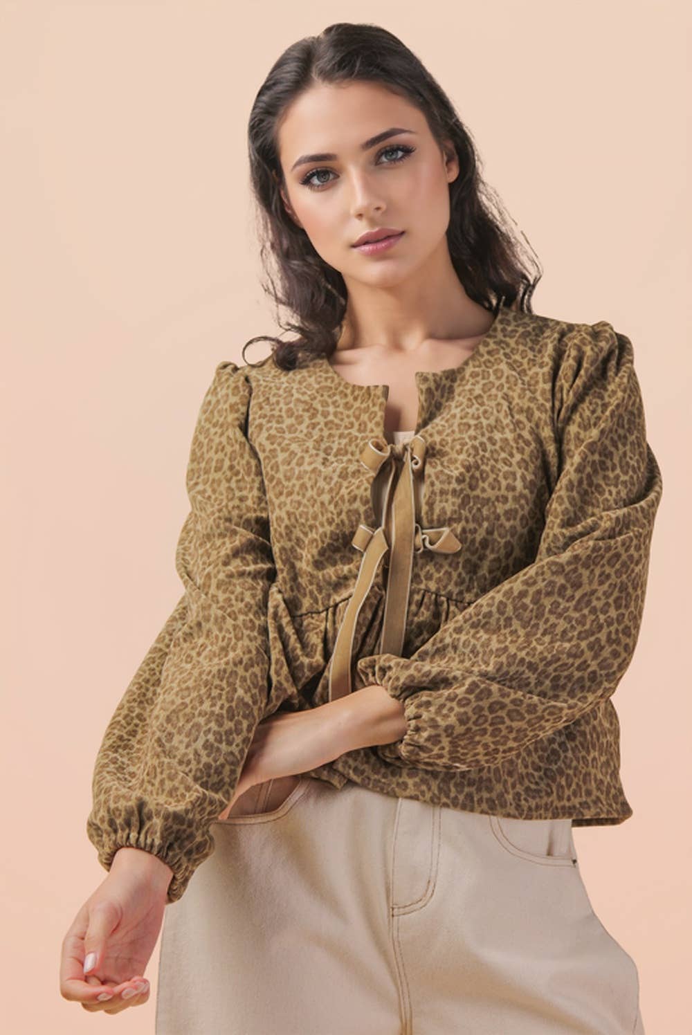 -Leopard Printed Front Tie Woven Blouse Top