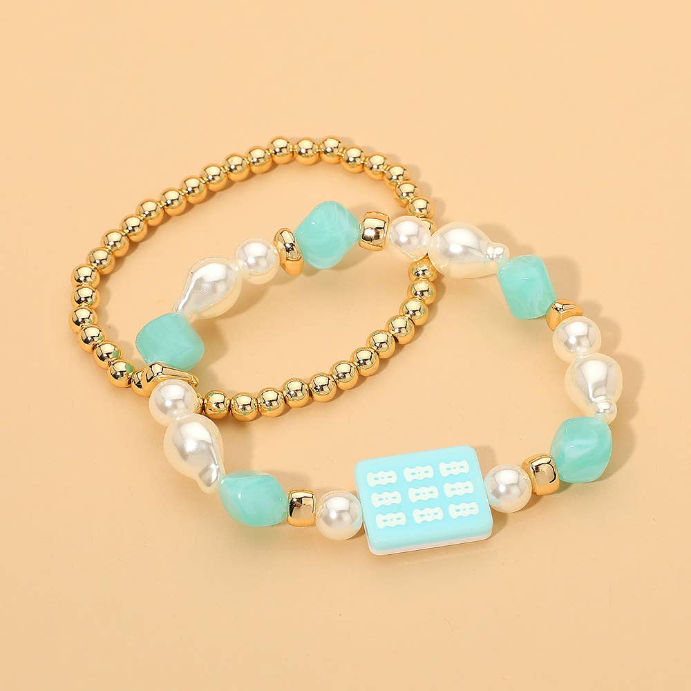 2PCS - Mahjong Tile Pearl Beaded Stretch Multi Layered Bracelets
