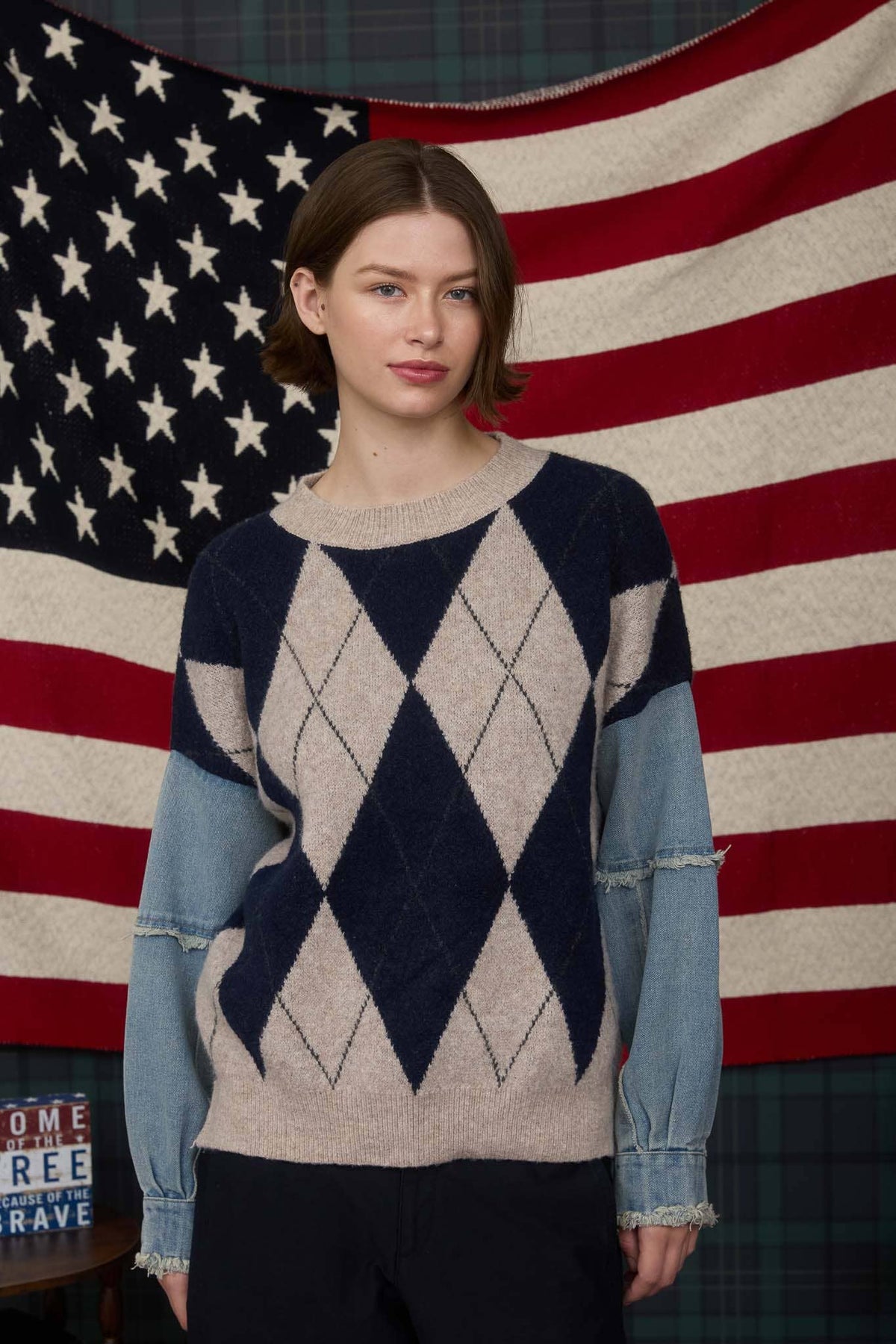 ARGYLE DISTRESSED DENIM SLEEVE KNIT SWEATER