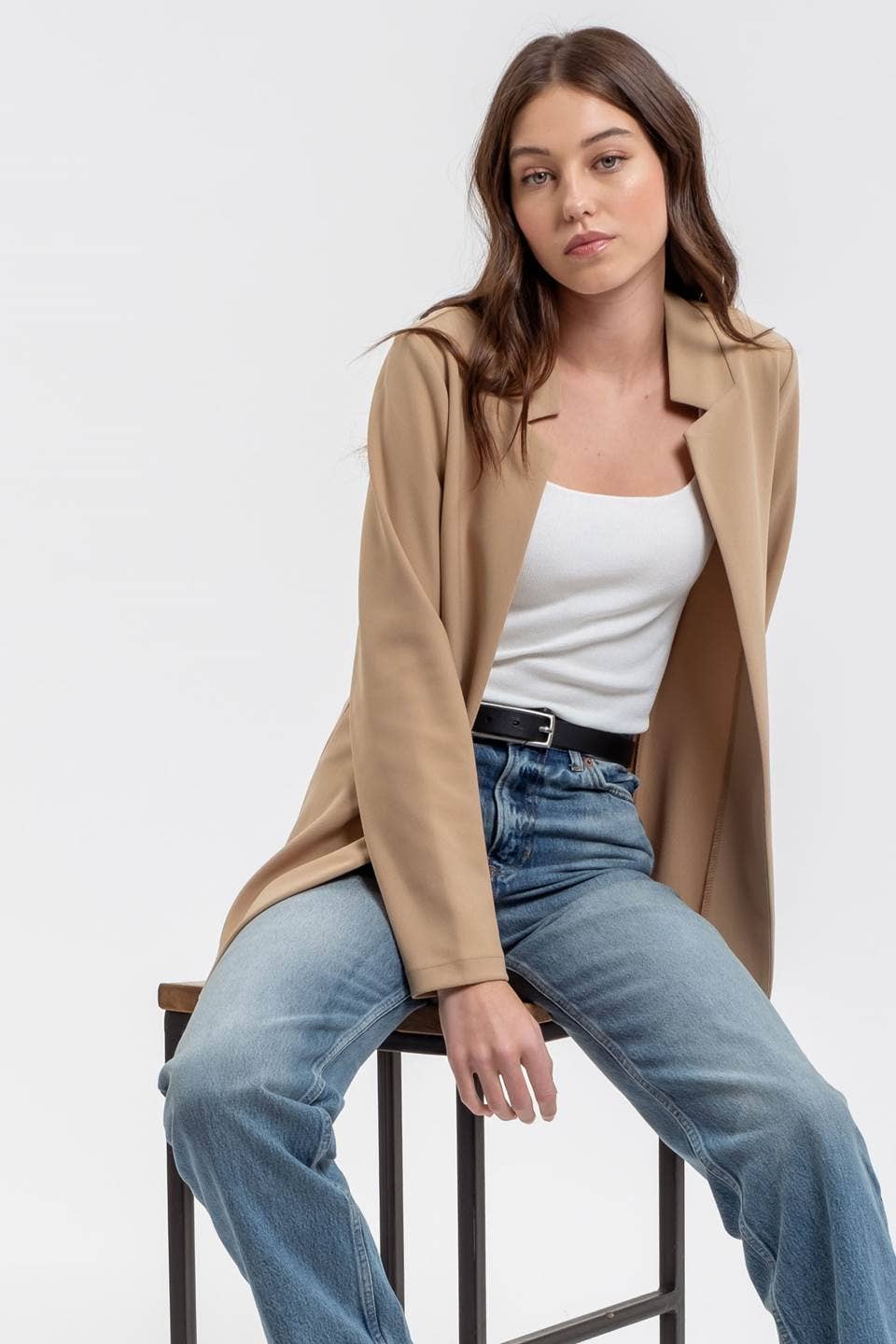 NOTCH COLLAR LONG SLEEVE LONG LINE BLAZER
