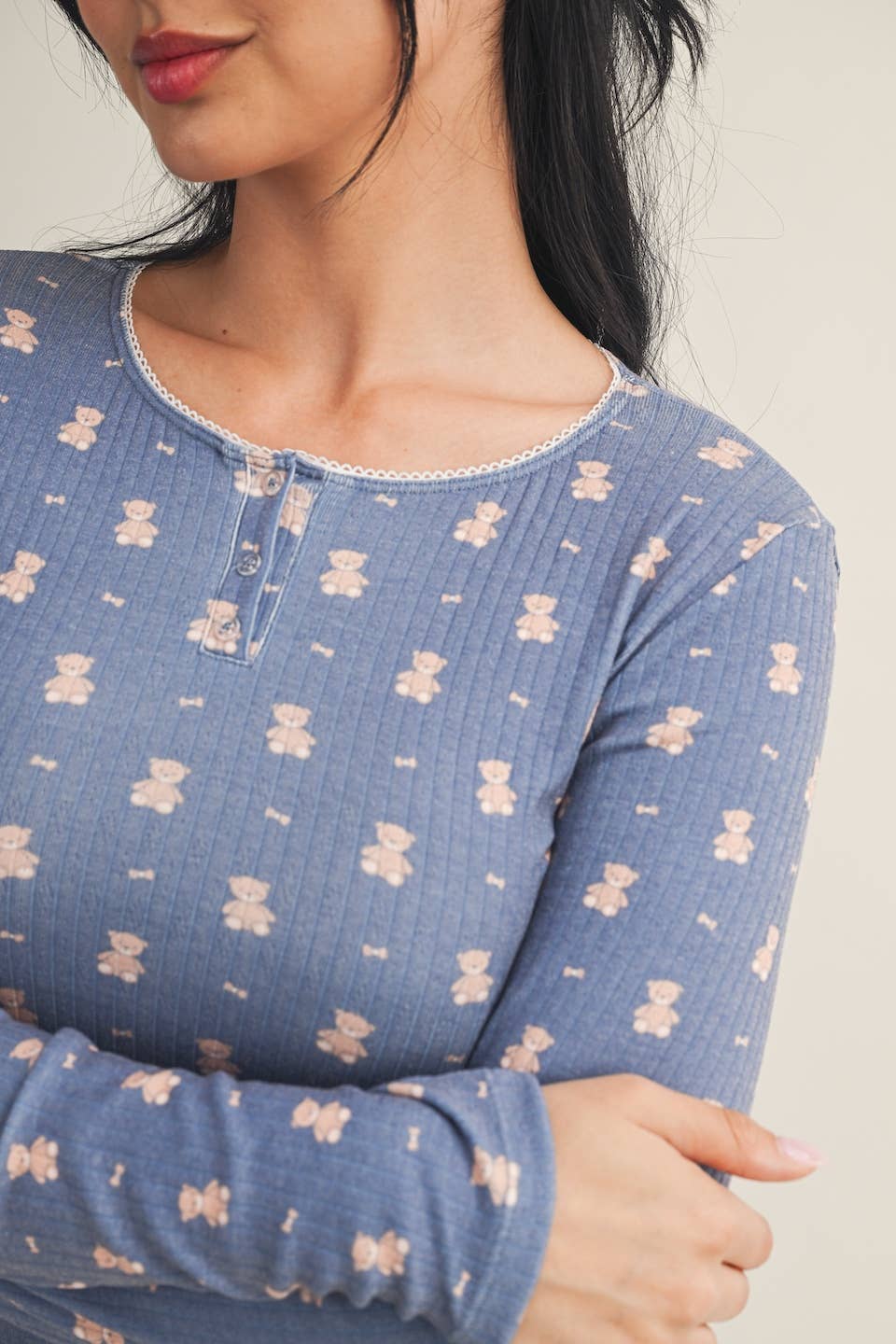 Crewneck Teddy Bear Print Pointelle Lounge Set